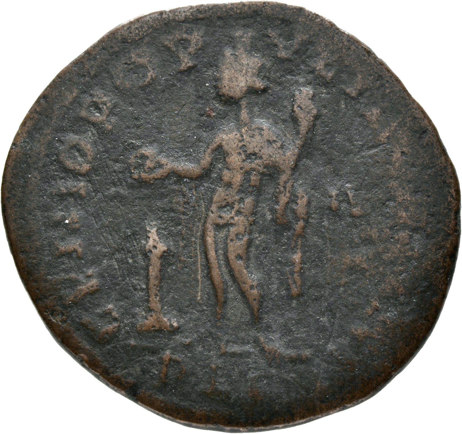 RIC VI Lugdunum 108a Maximian reverse, Genius, wearing modius, nude, chlamys draped over left shoulder, standing left, hol...