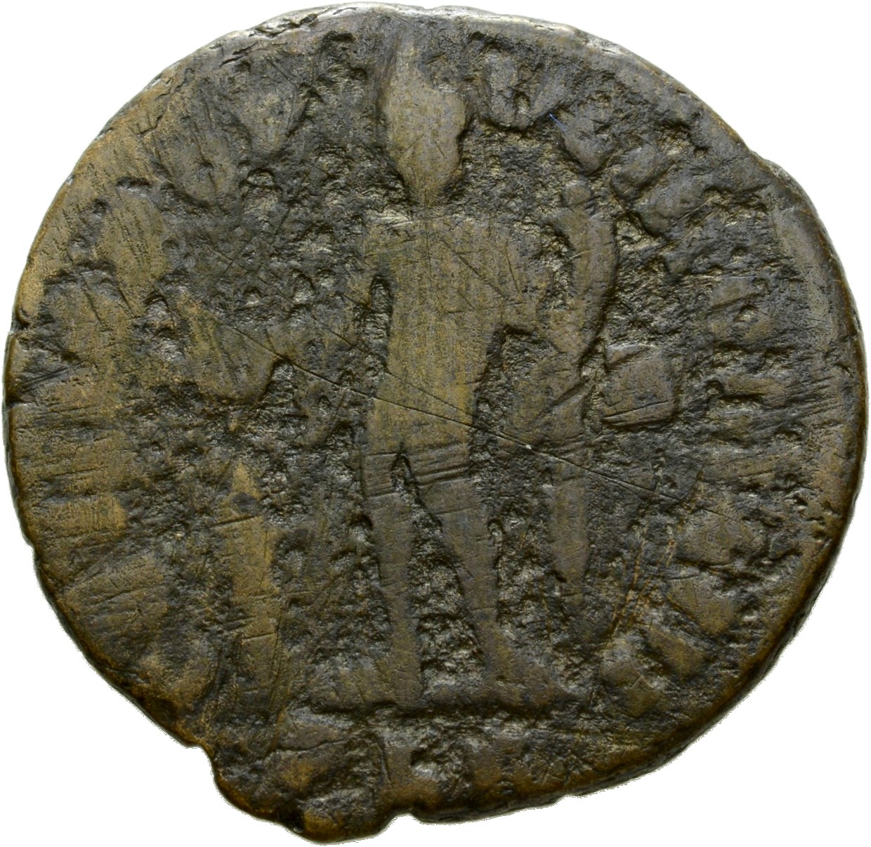 RIC VI Lugdunum 108b Maximian reverse, Genius, wearing modius, nude, chlamys draped over left shoulder, standing left, hol...