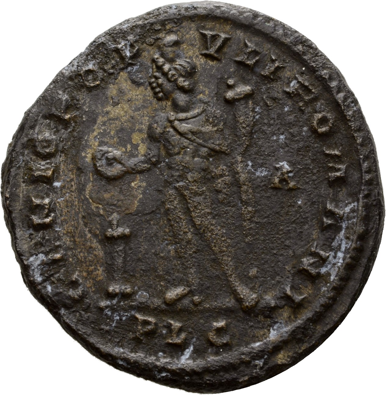 RIC VI Lugdunum 109a Maximian reverse, Genius, wearing modius, nude, chlamys draped over left shoulder, standing left, hol...
