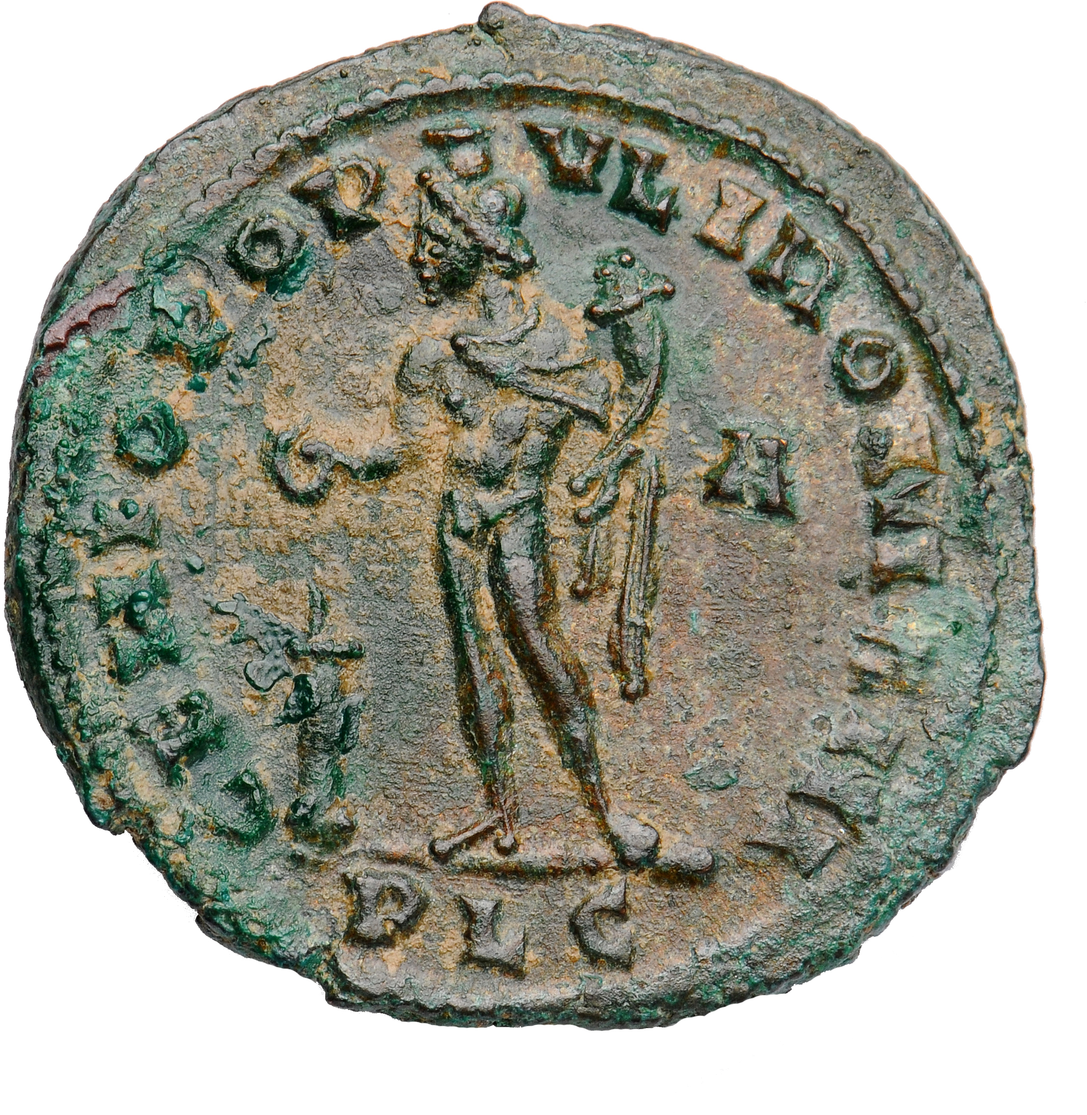 RIC VI Lugdunum 113a Maximian reverse, Genius, wearing modius, nude, chlamys draped over left shoulder, standing left, hol...