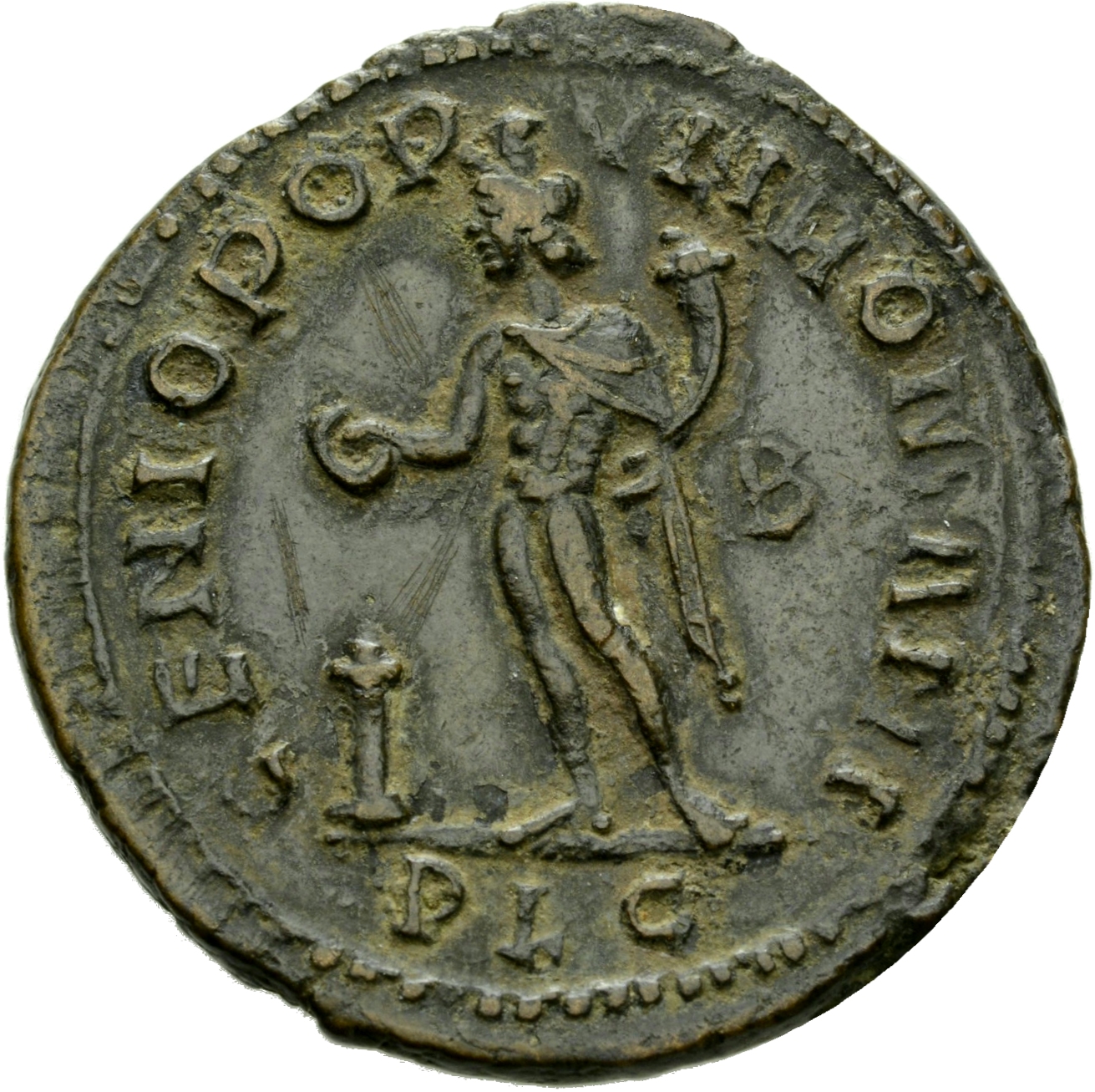RIC VI Lugdunum 129b Maximian reverse, Genius, wearing modius, nude, chlamys draped over left shoulder, standing left, hol...