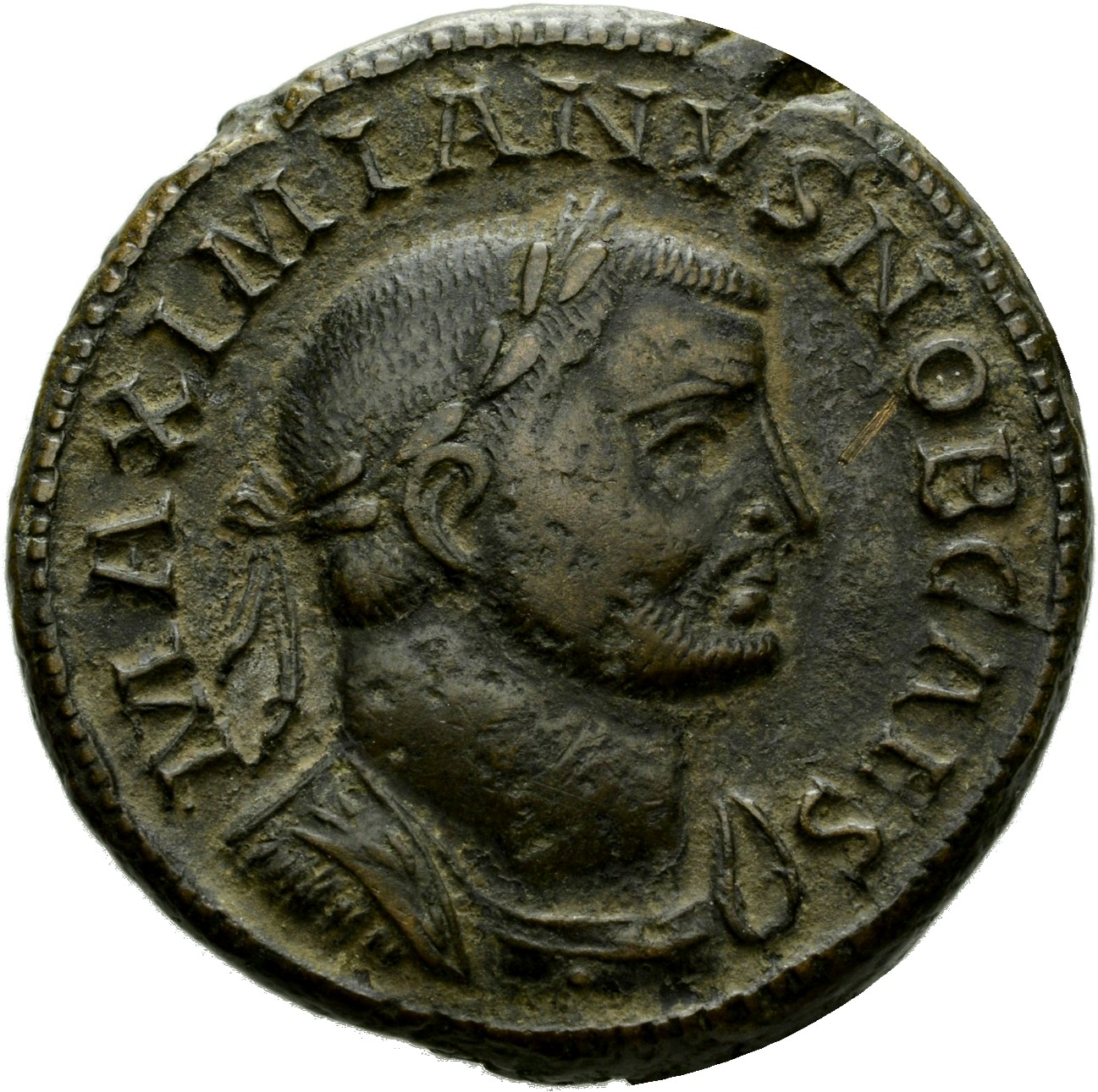 RIC VI Lugdunum 129b Maximian obverse, Bust of Galerius, laureate, cuirassed, right