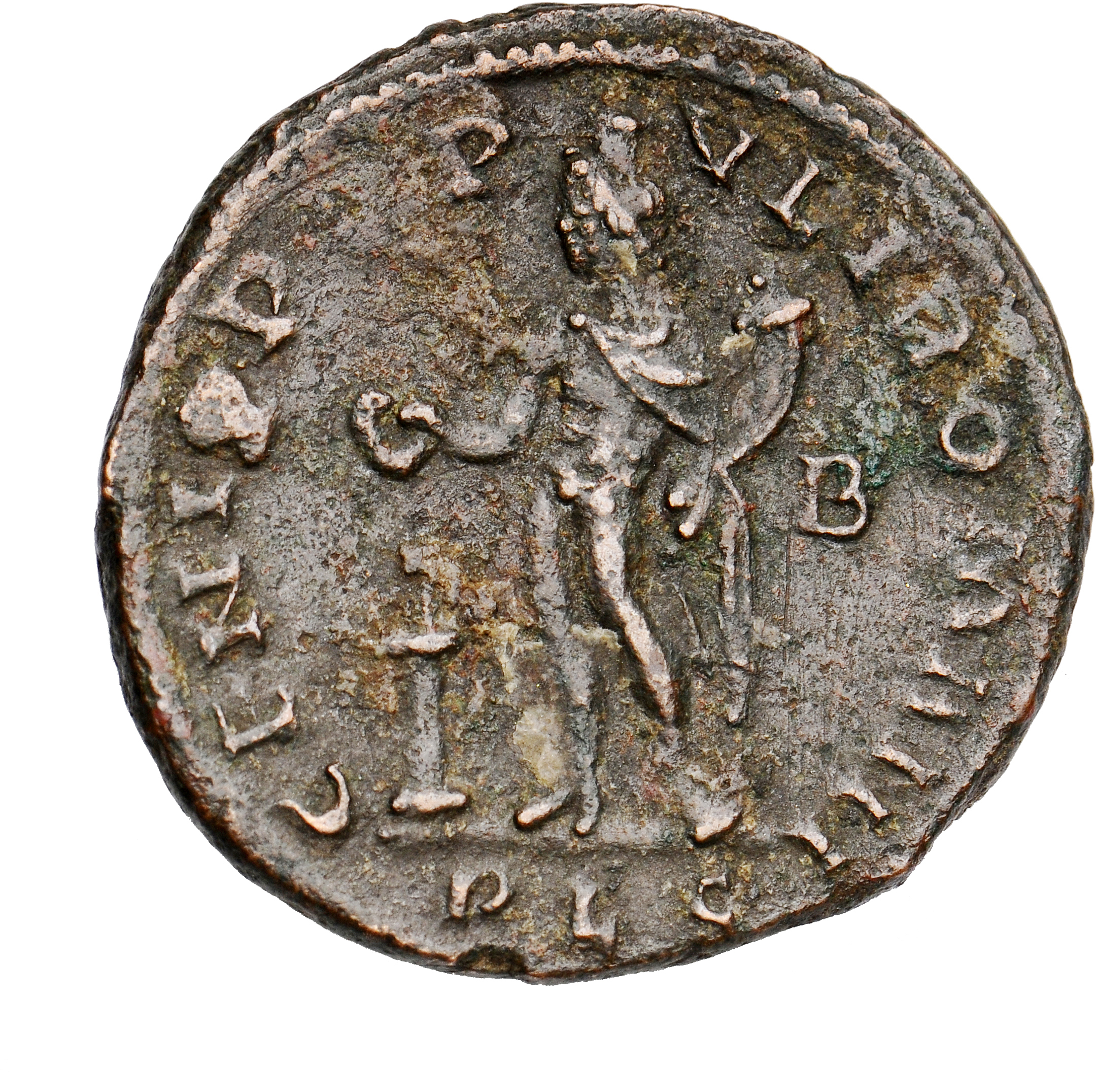 RIC VI Lugdunum 161a Maximian reverse, Genius, wearing modius, nude, chlamys draped over left shoulder, standing left, hol...