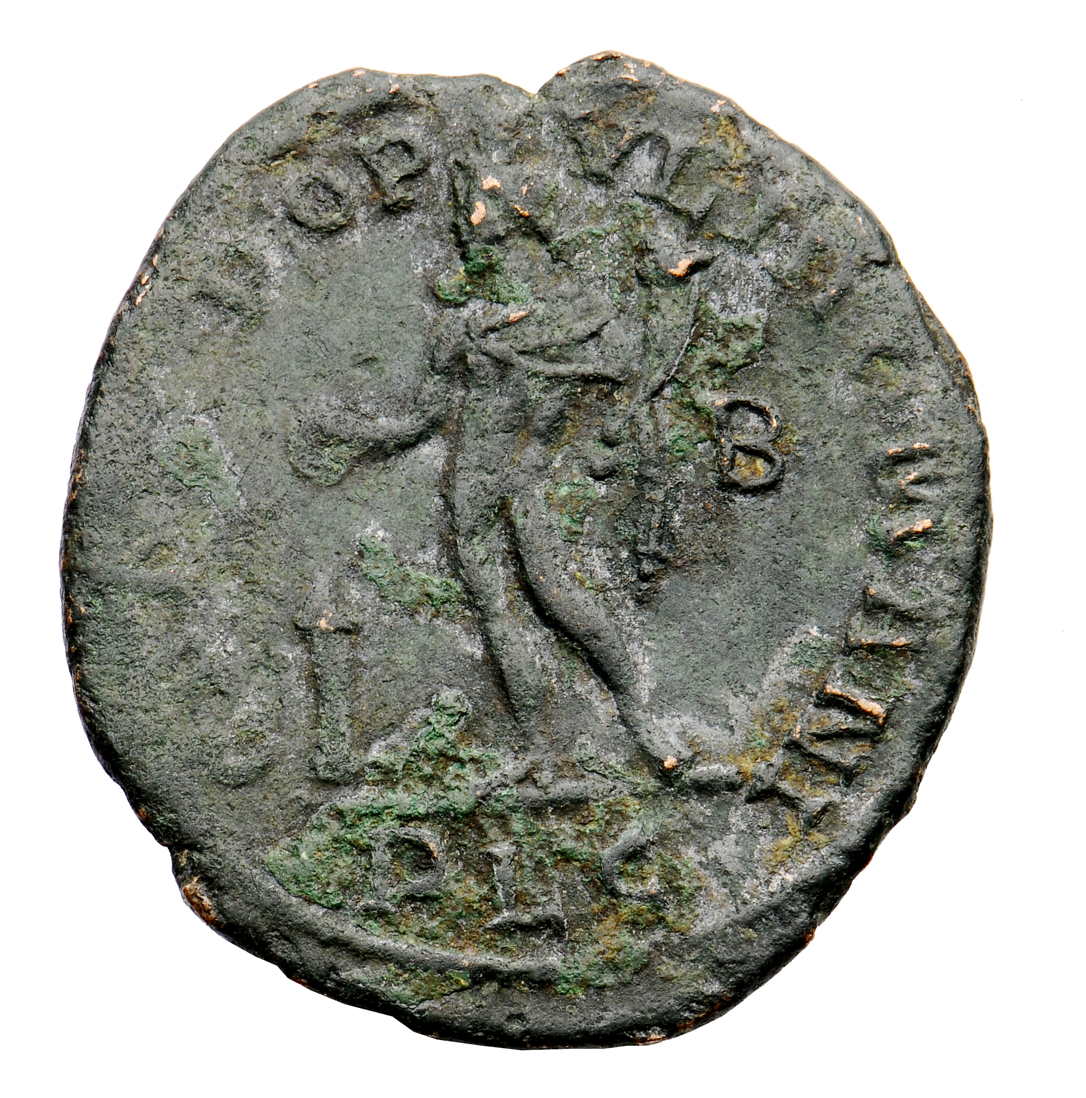 RIC VI Lugdunum 164a Maximian reverse, Genius, wearing modius, nude, chlamys draped over left shoulder, standing left, hol...