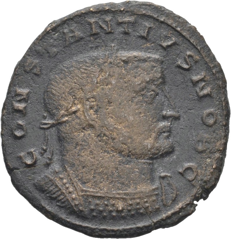 RIC VI Lugdunum 164a Maximian obverse, Bust of Constantius Chlorus, laureate, cuirassed, right