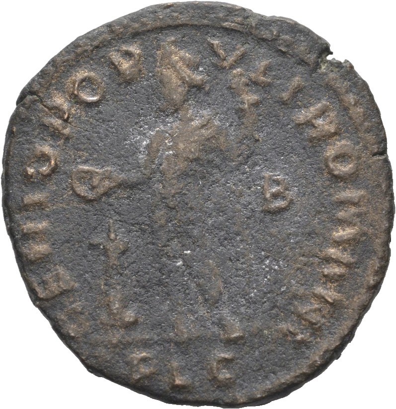 RIC VI Lugdunum 164a Maximian reverse, Genius, wearing modius, nude, chlamys draped over left shoulder, standing left, hol...