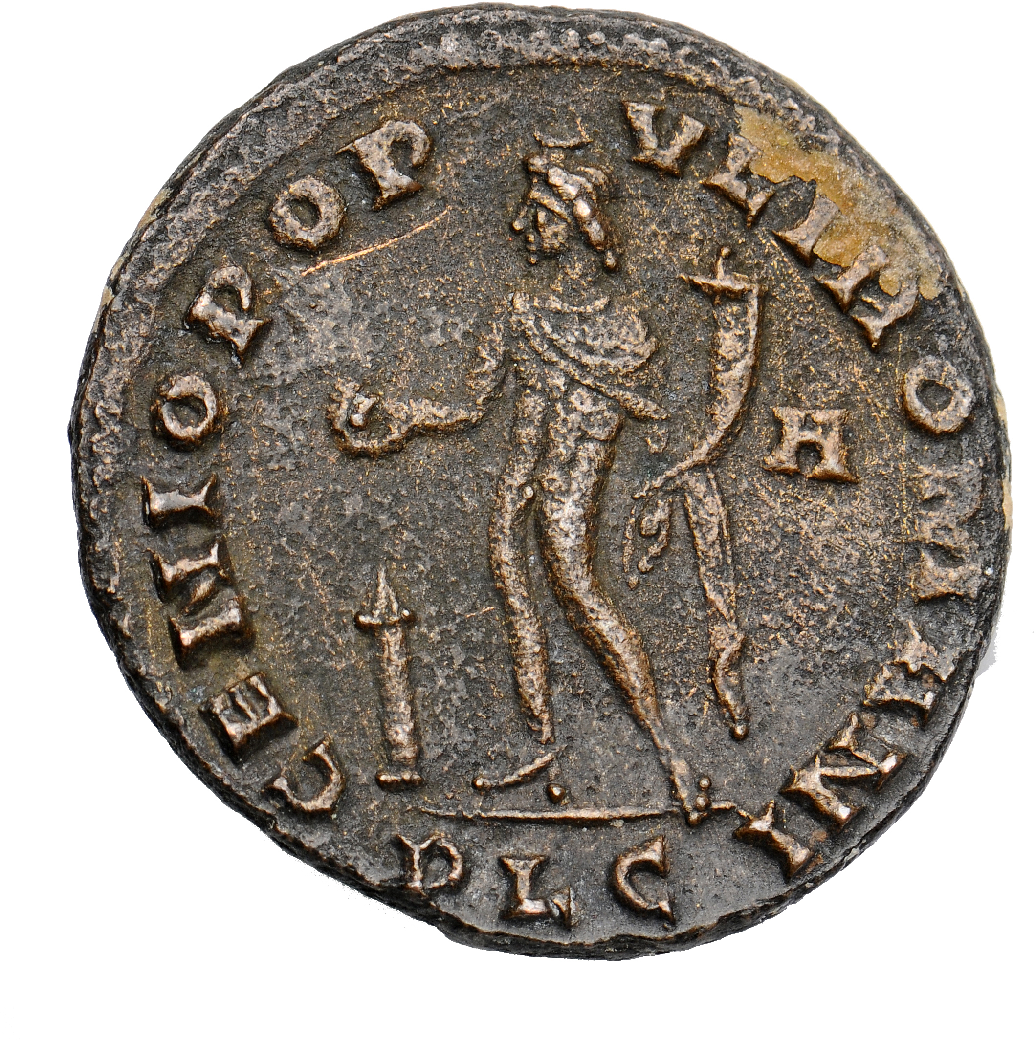 RIC VI Lugdunum 166a Maximian reverse, Genius, wearing modius, nude, chlamys draped over left shoulder, standing left, hol...