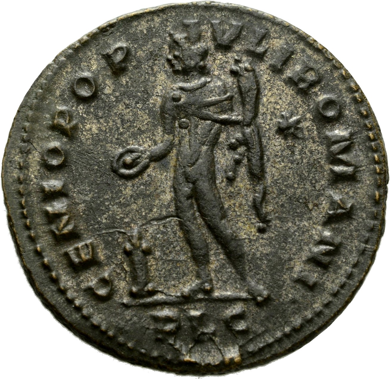 RIC VI Lugdunum 174A Maximian reverse, Genius, wearing modius, nude, chlamys draped over left shoulder, standing left, hol...