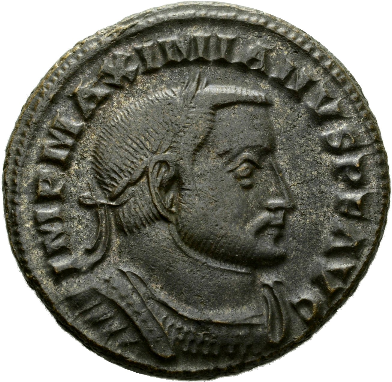 RIC VI Lugdunum 174A Maximian obverse, Bust of Maximian, laureate, cuirassed, right