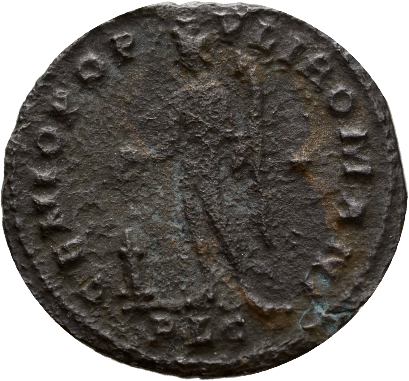 RIC VI Lugdunum 177b Maximian reverse, Genius, wearing modius, nude, chlamys draped over left shoulder, standing left, hol...