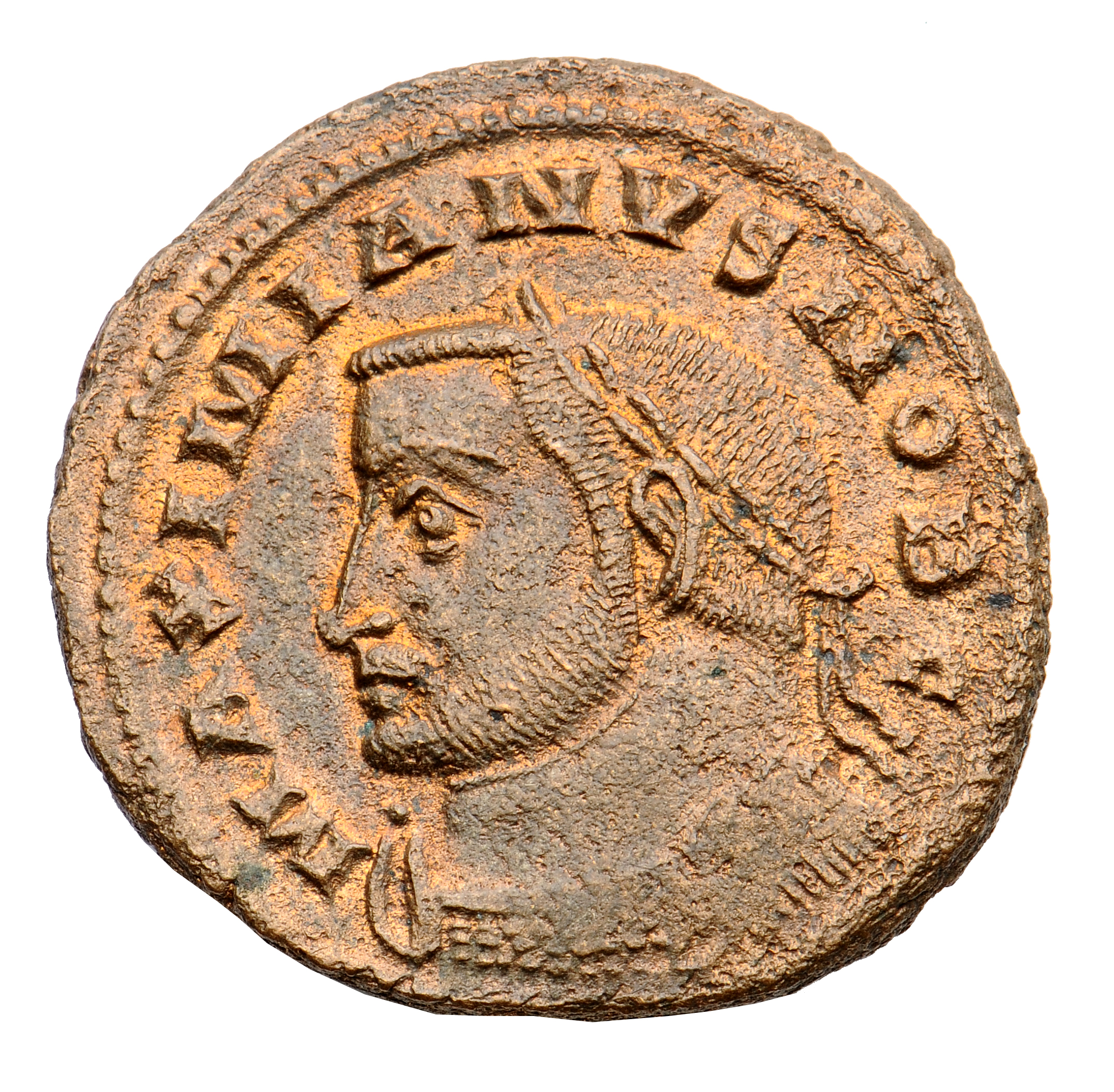 RIC VI Lugdunum 180b Maximian obverse, Bust of Galerius, laureate, cuirassed, left