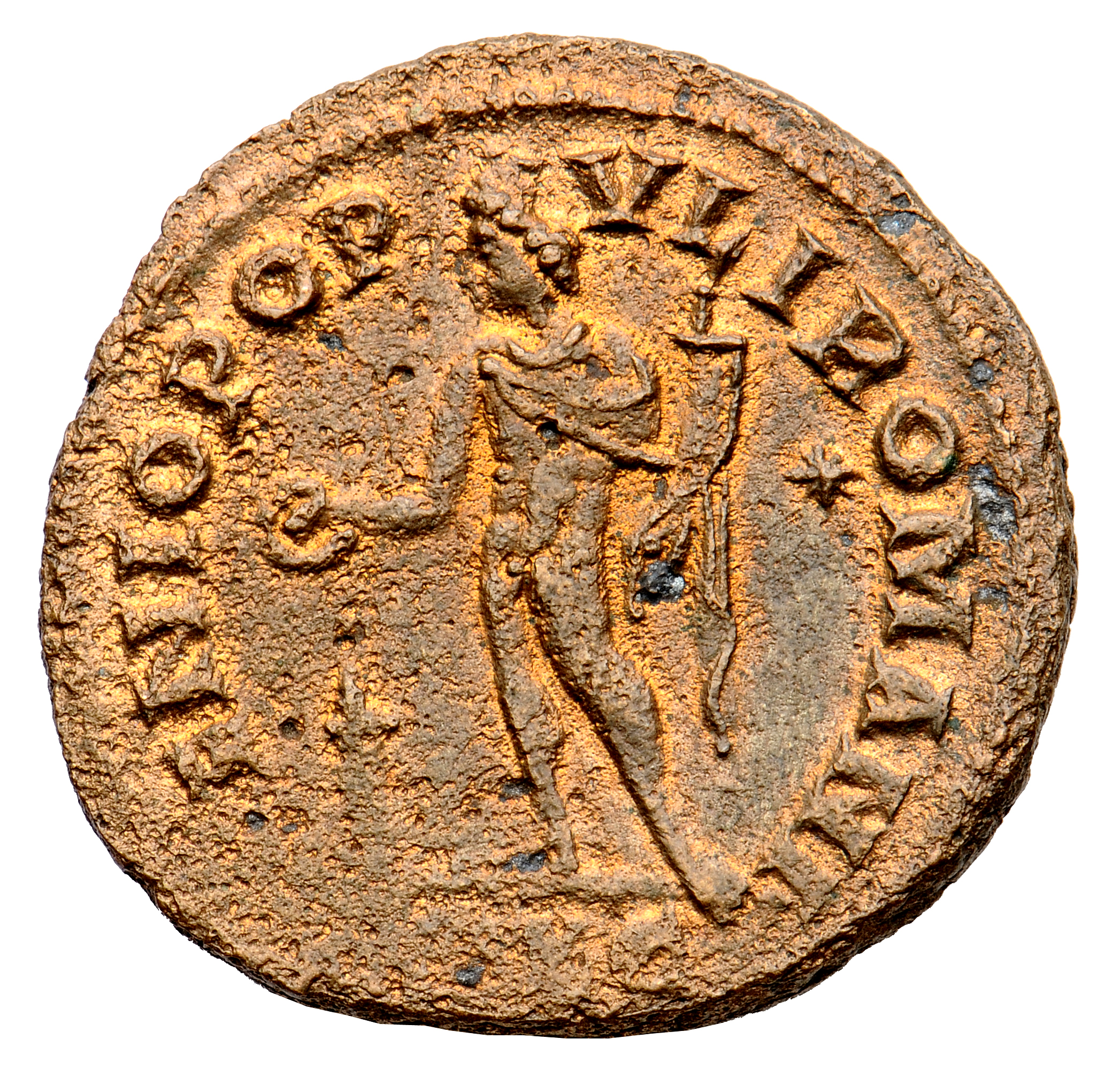 RIC VI Lugdunum 180b Maximian reverse, Genius, wearing modius, nude, chlamys draped over left shoulder, standing left, hol...