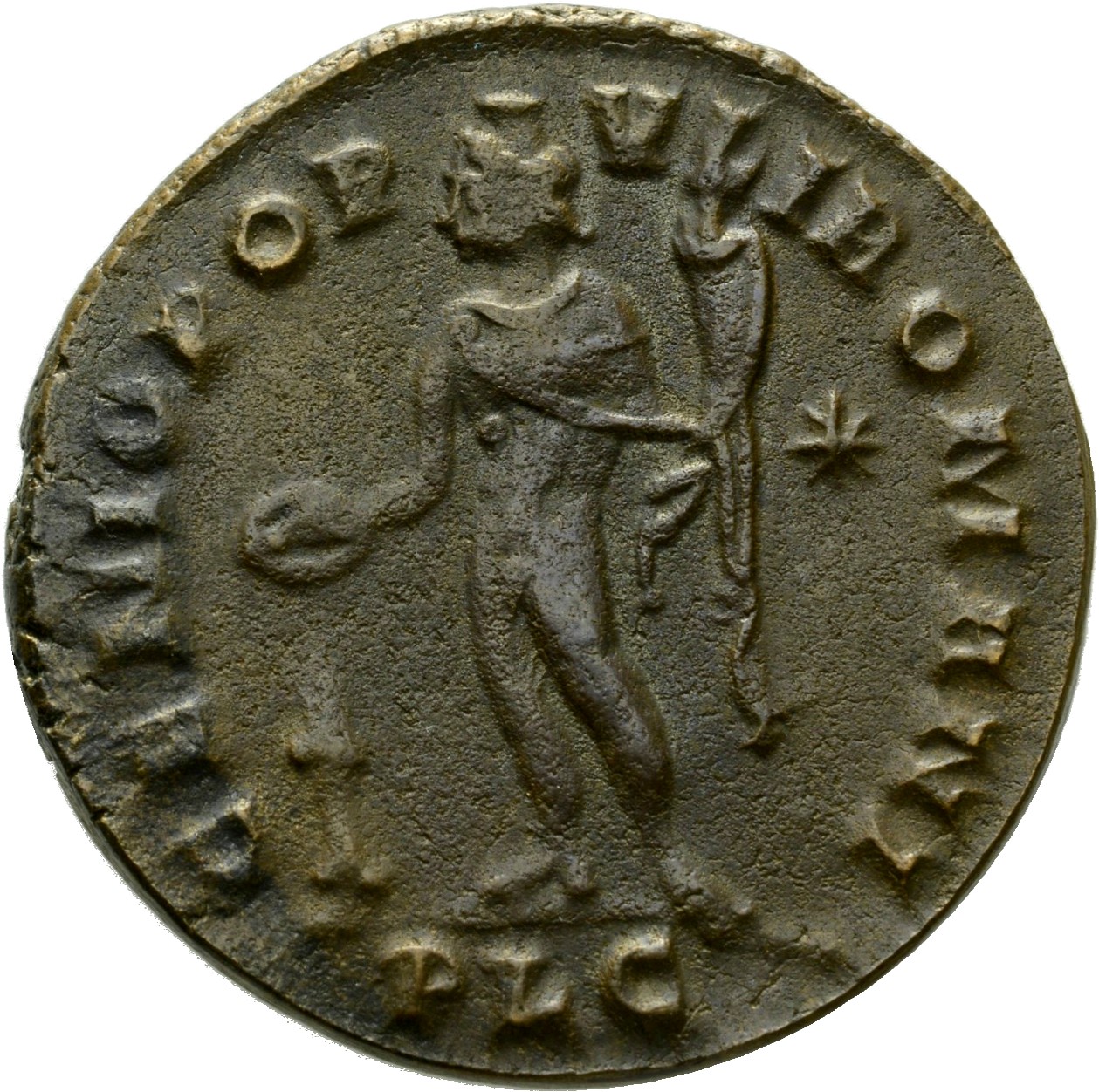RIC VI Lugdunum 186c Severus II reverse, Genius, wearing modius, nude, chlamys draped over left shoulder (or loins draped)...
