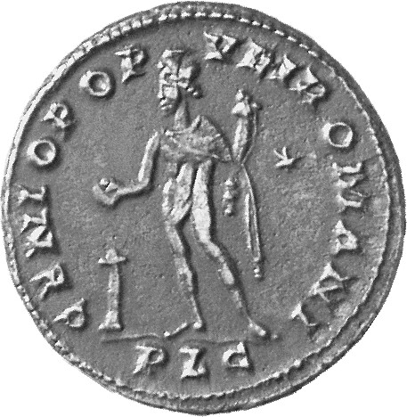 RIC VI Lugdunum 187a Constantius Chlorus reverse, Genius, wearing modius, nude, chlamys draped over left shoulder (or loin...