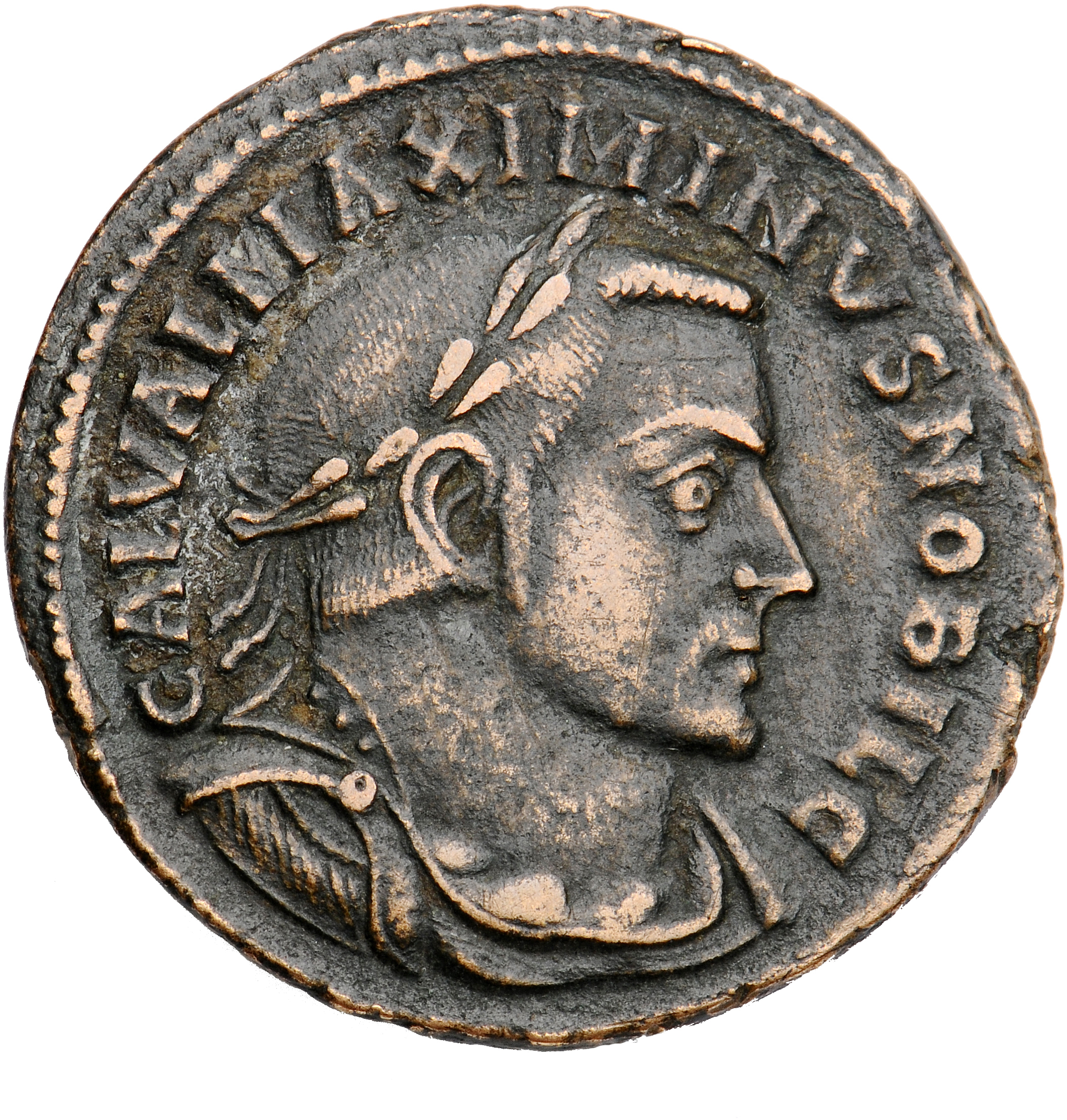 RIC VI Lugdunum 190a Severus II obverse, Bust of Maximinus Daia, laureate, draped, cuirassed, right