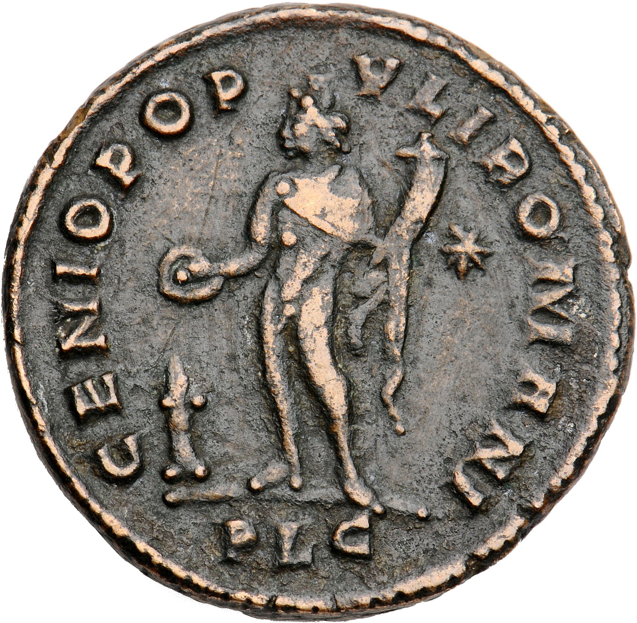 RIC VI Lugdunum 190a Severus II reverse, Genius, wearing modius, nude, chlamys draped over left shoulder (or loins draped)...