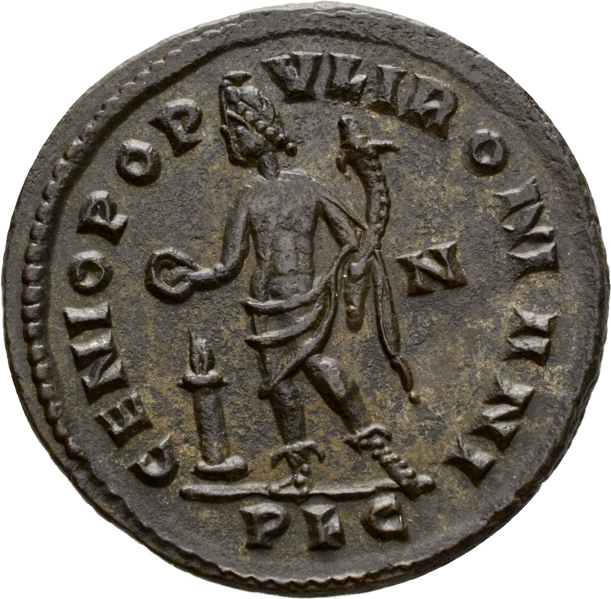 RIC VI Lugdunum 205 Severus II reverse, Genius, wearing modius, nude, loins draped, standing left, holding patera in right...