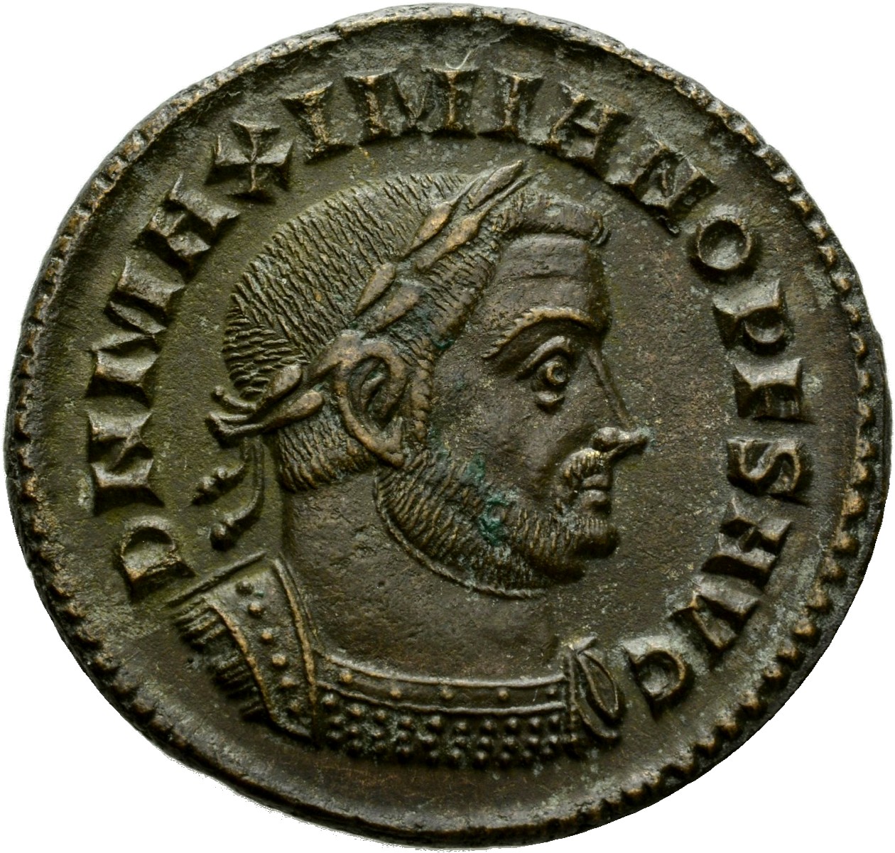 RIC VI Lugdunum 206 Severus II obverse, Bust of Maximian, laureate, cuirassed, right