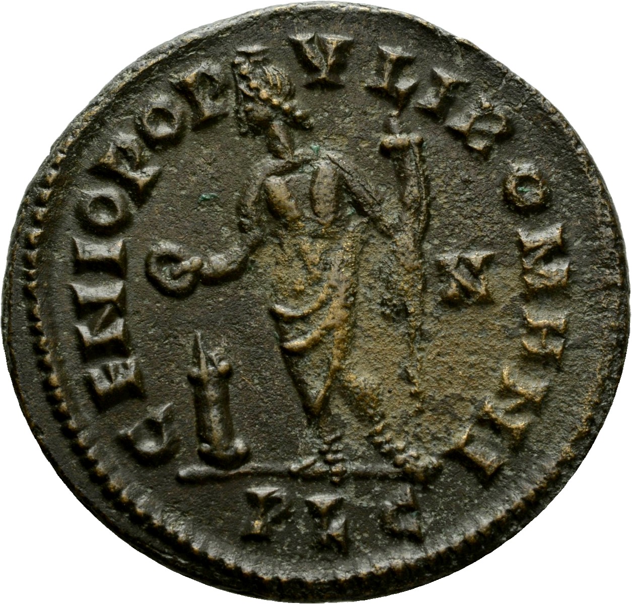 RIC VI Lugdunum 206 Severus II reverse, Genius, wearing modius, nude, loins draped, standing left, holding patera in right...