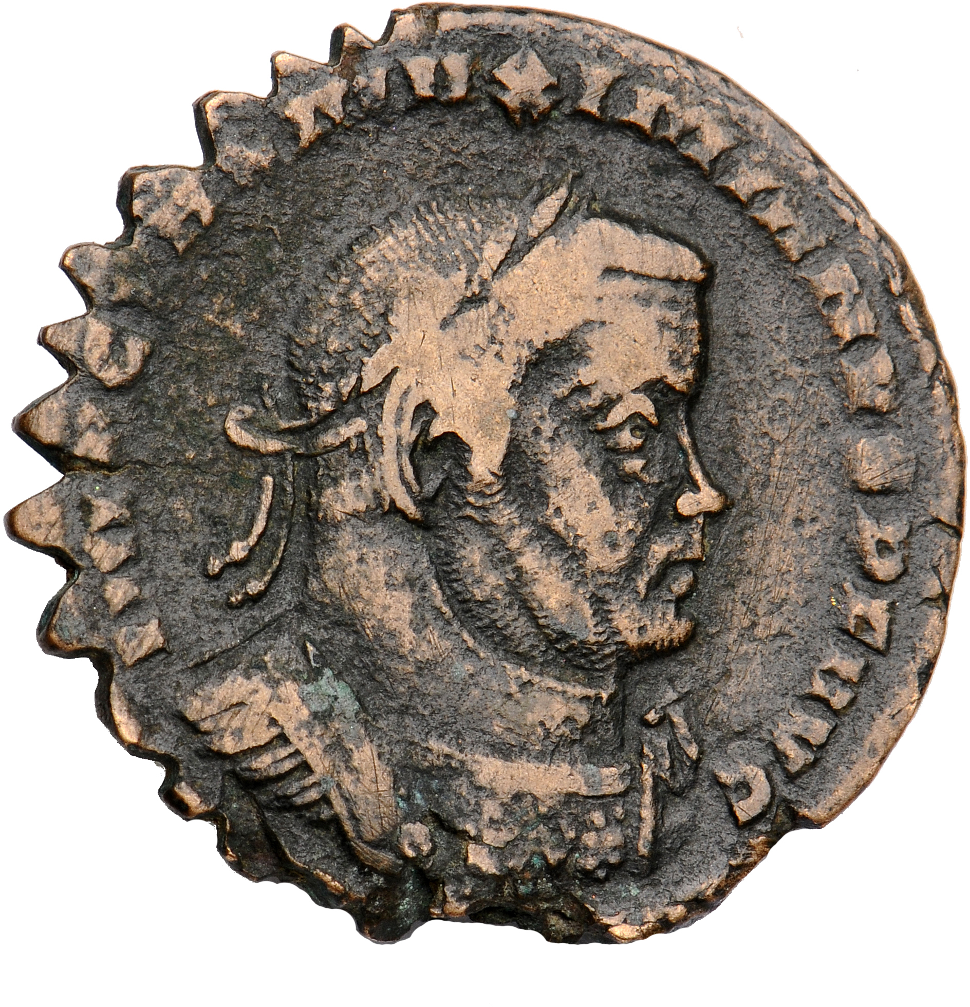 RIC VI Lugdunum 237 Constantine I obverse, Bust of Maximian, laureate, cuirassed, right