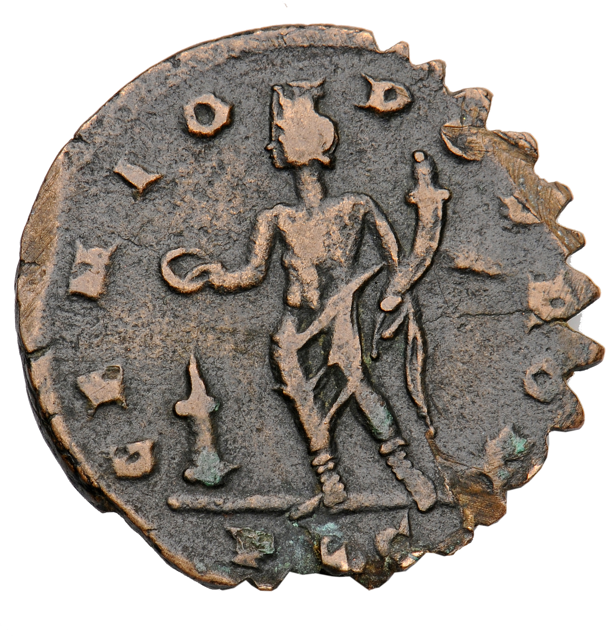 Constantine I reverse — Genius, wearing modius, nude, loins draped, standing left, holding patera in right hand and cornucopiae in left hand; to left, altar