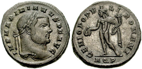 RIC VI Lugdunum 23b Maximian obverse, Head of Maximian, laureate, right