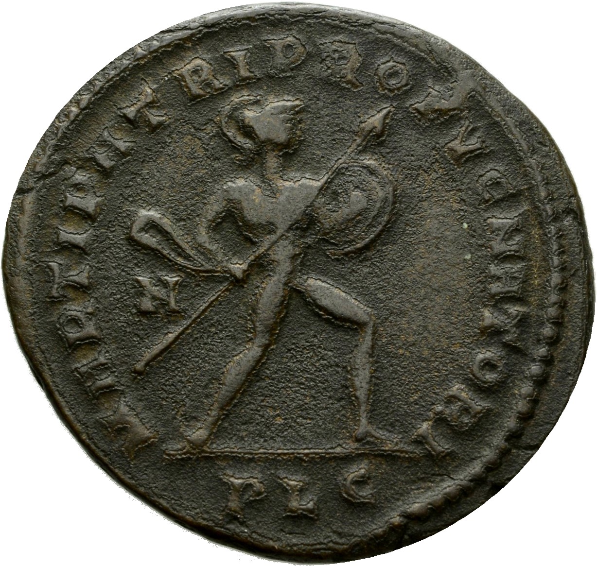 RIC VI Lugdunum 243 Constantine I reverse — Mars, nude, advancing right, holding transverse spear in right hand and shield...