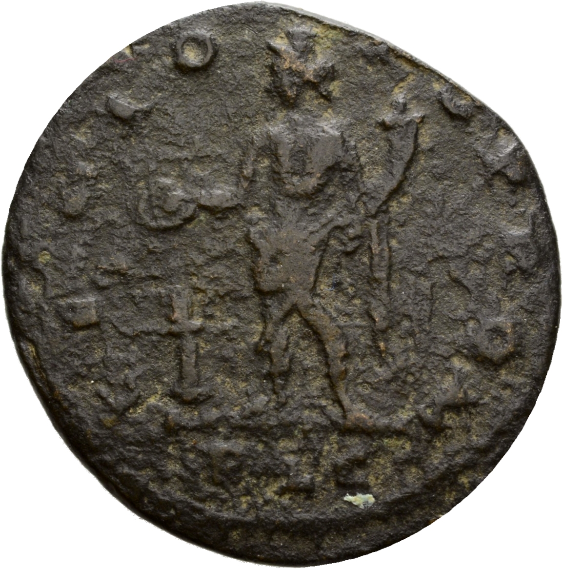 RIC VI Lugdunum 255 Constantine I reverse, Genius, wearing modius, nude, loins draped, standing left, holding patera in ri...