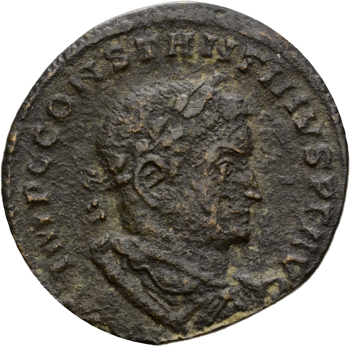 RIC VI Lugdunum 255 Constantine I obverse — Bust of Constantine I, laureate, draped, right, seen from behind