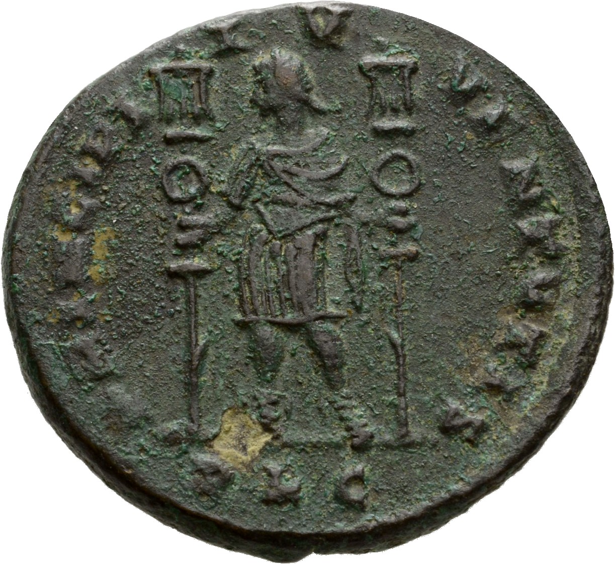 RIC VI Lugdunum 273 Constantine I reverse, Constantine I, draped, cuirassed, standing front, head left, holding standard i...