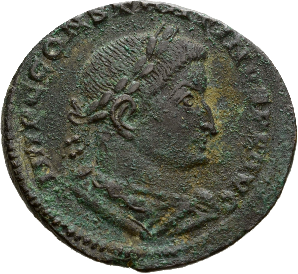 RIC VI Lugdunum 273 Constantine I obverse — Bust of Constantine I, laureate, draped, right, seen from behind