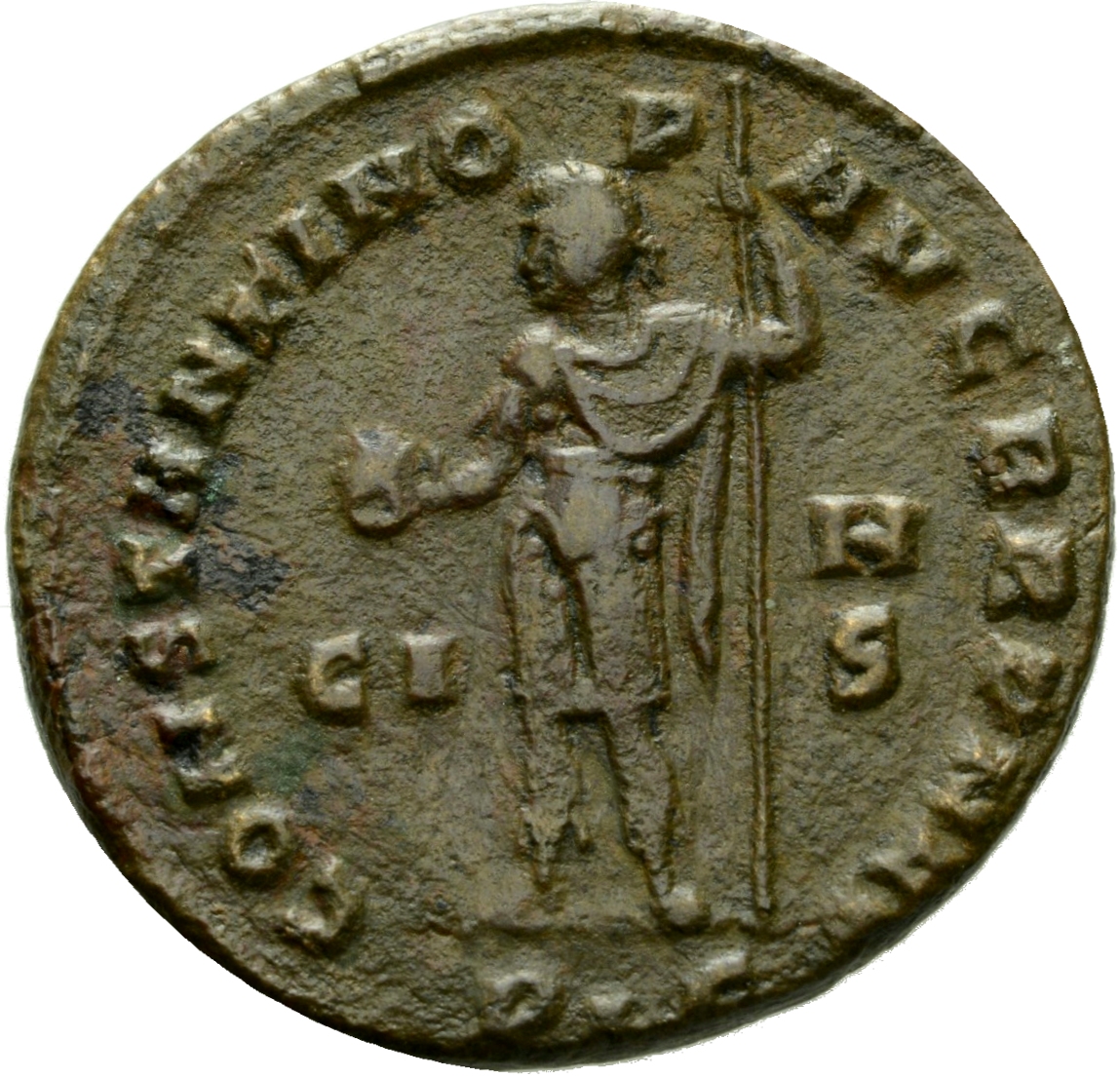 RIC VI Lugdunum 286 Constantine I reverse, Constantine I, draped, cuirassed, standing front, head left, holding globe in r...