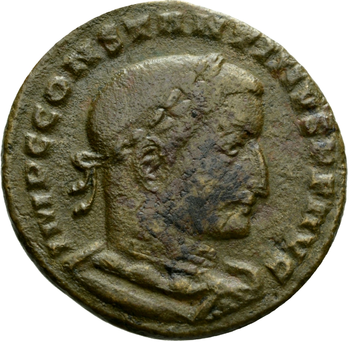 RIC VI Lugdunum 286 Constantine I obverse — Bust of Constantine I, laureate, draped, right, seen from behind