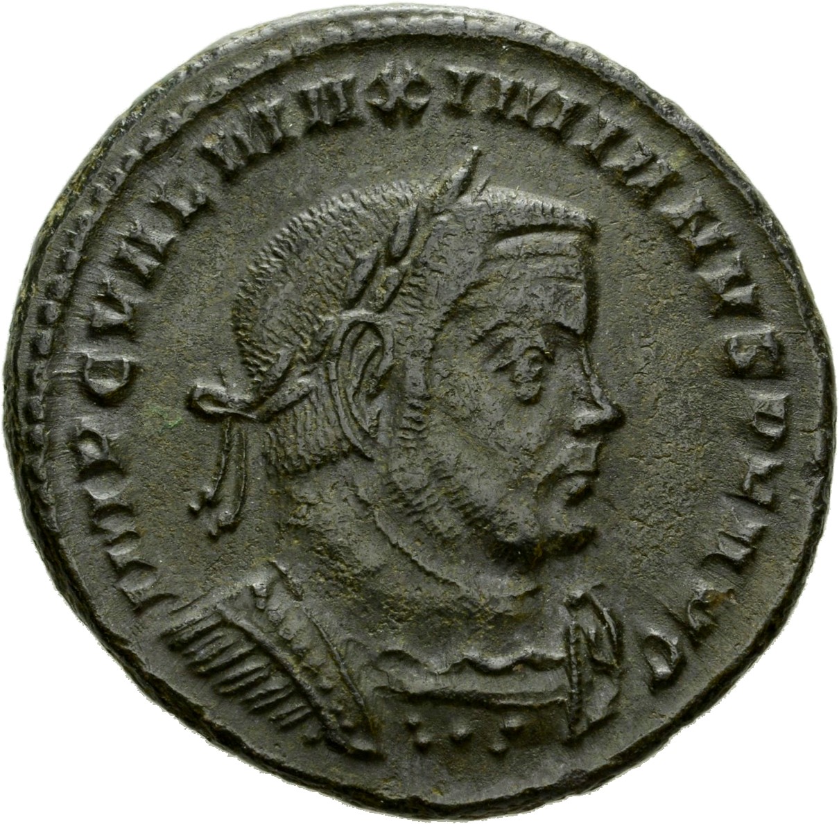RIC VI Lugdunum 288 Constantine I obverse, Bust of Maximian, laureate, cuirassed, right