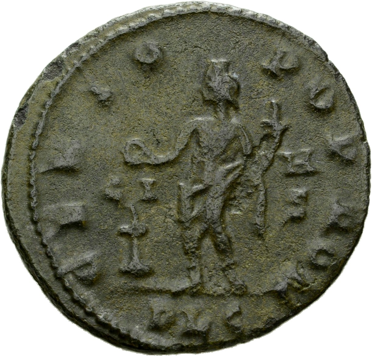 RIC VI Lugdunum 288 Constantine I reverse — Genius, wearing modius, nude, loins draped, standing left, holding patera in r...