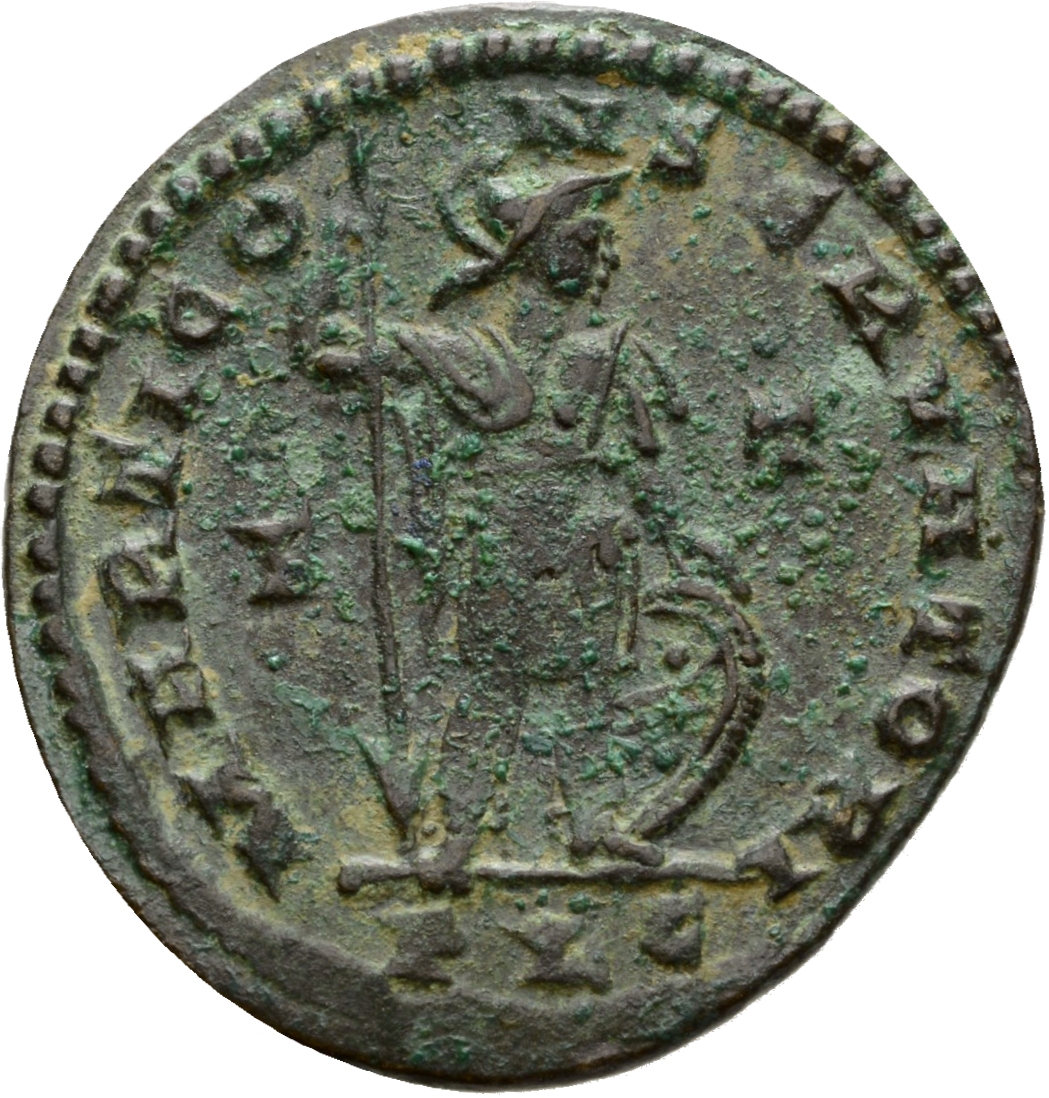 RIC VI Lugdunum 304 Constantine I reverse — Mars, draped, cuirassed, standing right, leaning on reversed spear with right ...