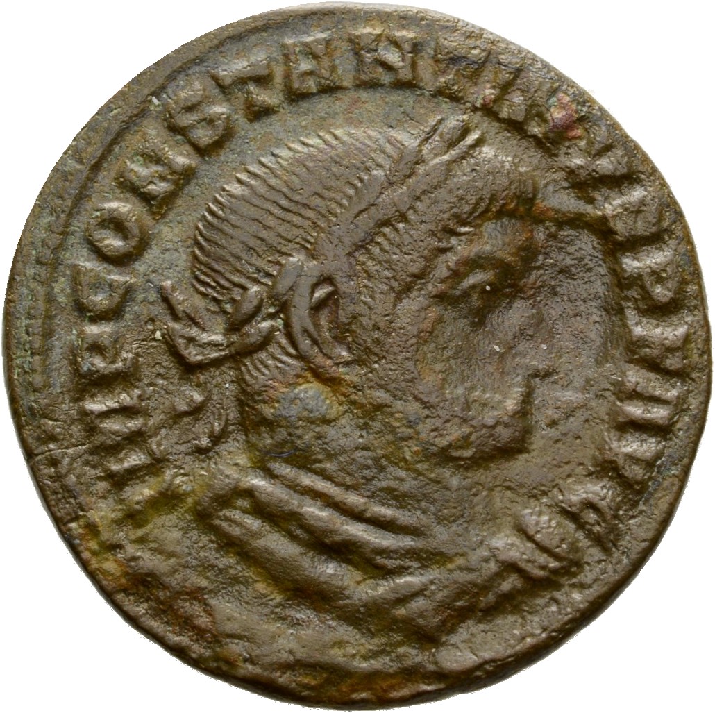 RIC VI Lugdunum 307 Constantine I obverse, Bust of Constantine I, laureate, draped, right, seen from behind