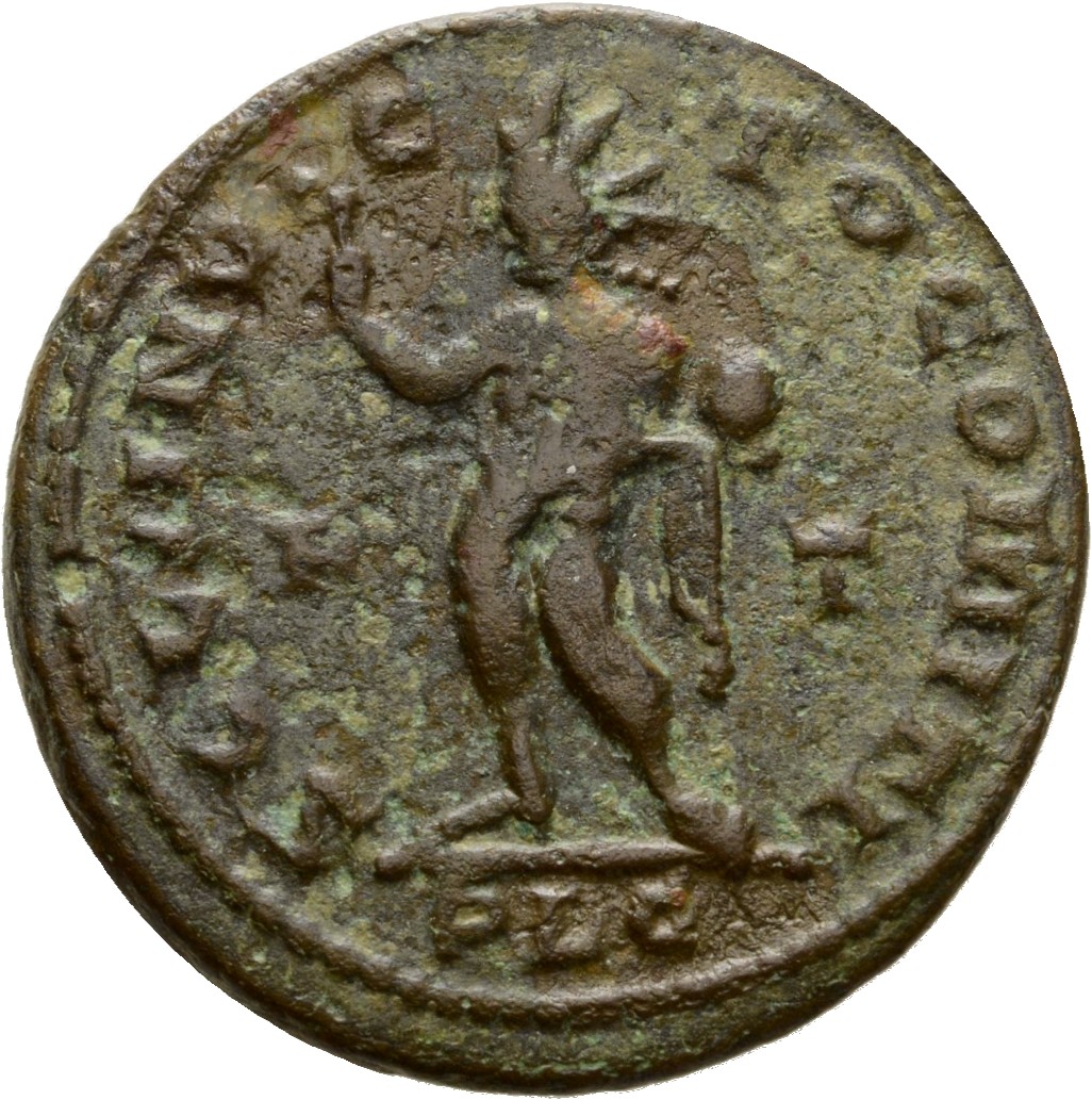 RIC VI Lugdunum 307 Constantine I reverse, Sol, nude, standing front, head left, raising right hand and holding globe in l...