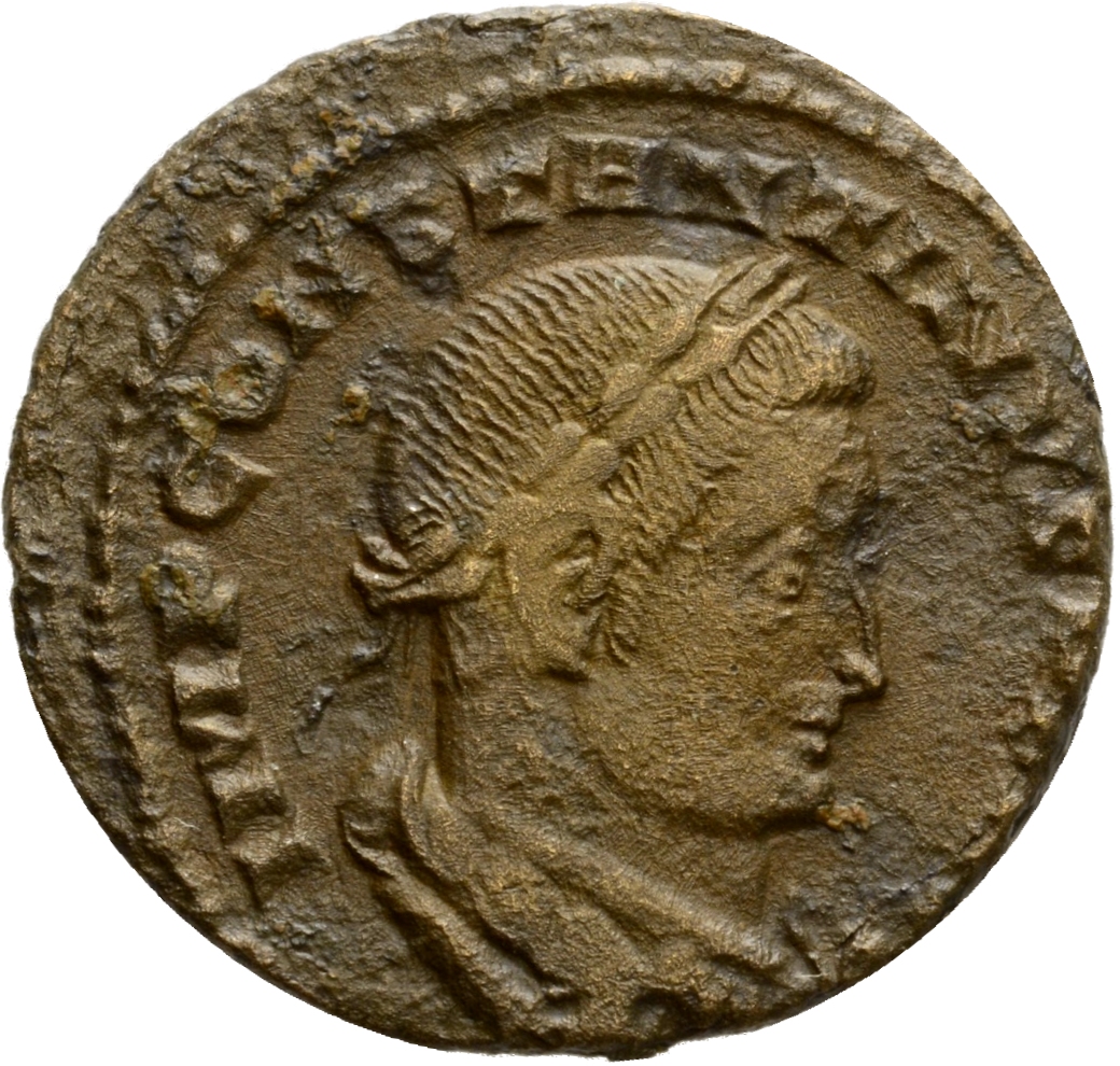 RIC VI Lugdunum 307 Constantine I obverse, Bust of Constantine I, laureate, draped, right, seen from behind