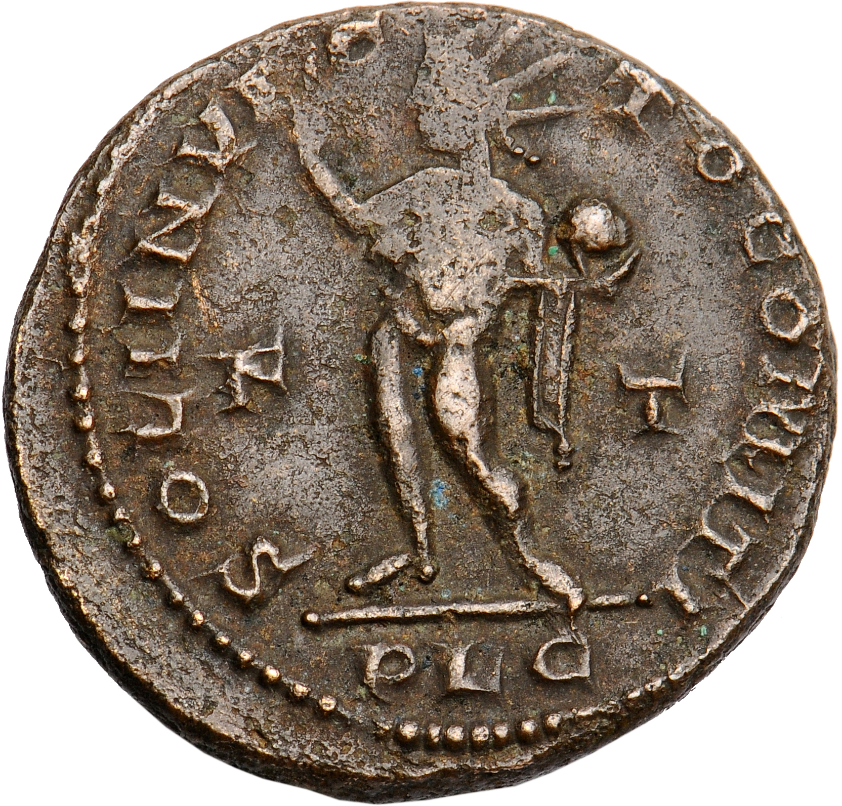 Constantine I reverse — Sol, nude, standing front, head left, raising right hand and holding globe in left hand