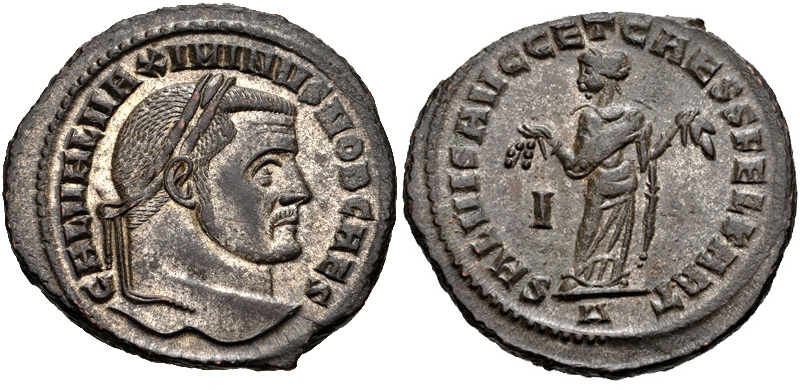 RIC VI Lugdunum 40b Maximian obverse, Bust of Galerius, laureate, draped, cuirassed, right