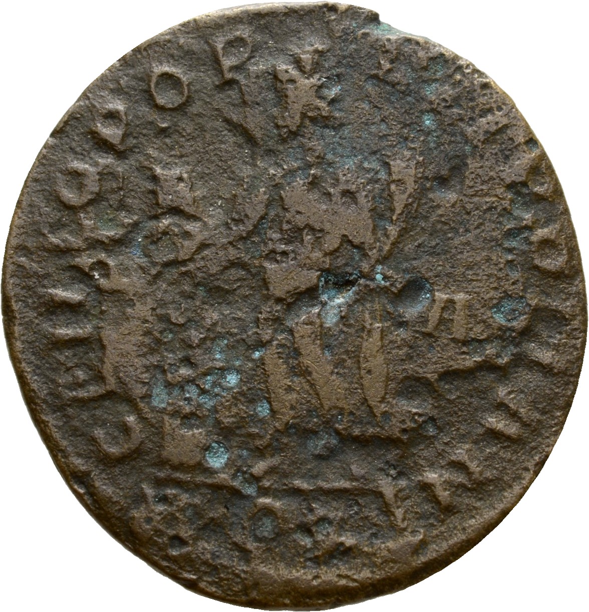 RIC VI Lugdunum 68 Maximian reverse, Genius, wearing modius, nude, chlamys draped over left shoulder, standing left, holdi...