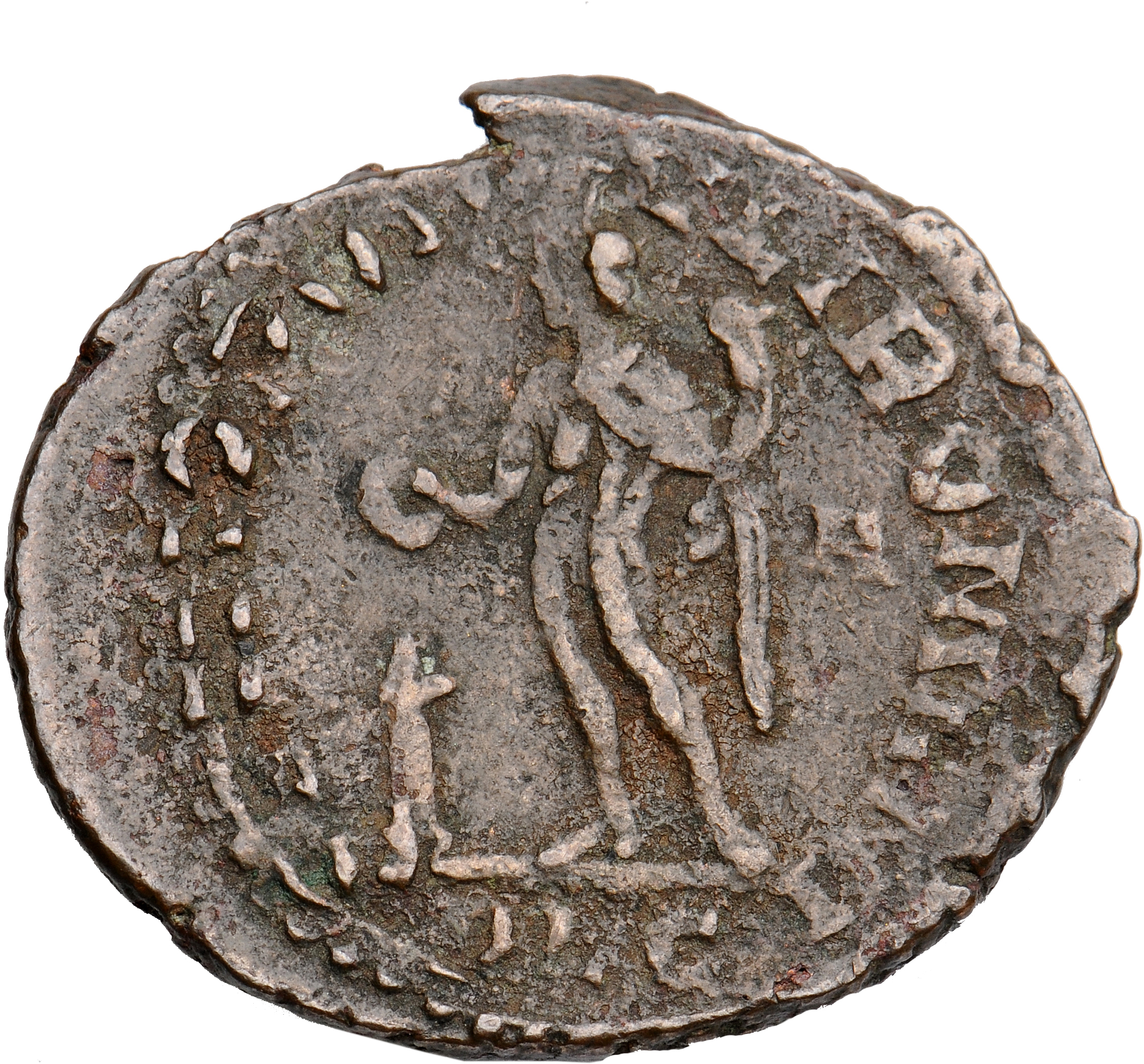 RIC VI Lugdunum 92a Maximian reverse, Genius, wearing modius, nude, chlamys draped over left shoulder, standing left, hold...