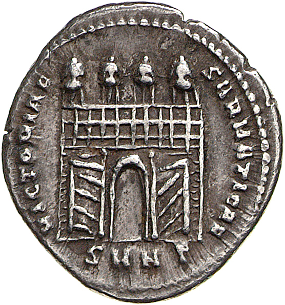 RIC VI Nicomedia 22a Diocletian reverse, Four-turreted gateway, open, doors thrown back; surmounting each turret, facing e...