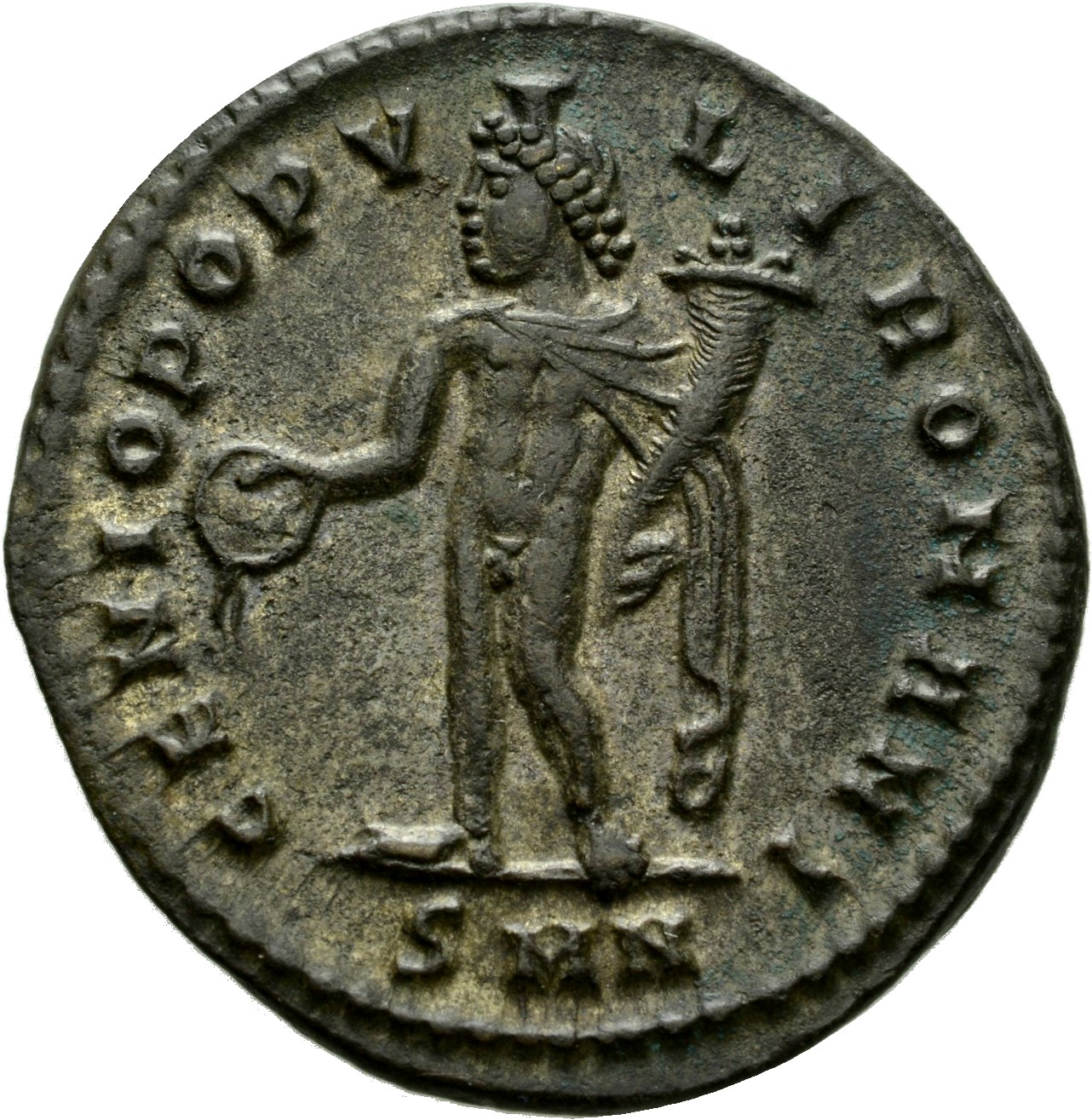 RIC VI Nicomedia 27a Diocletian reverse, Genius, wearing modius, nude, chlamys draped over left shoulder, standing left, p...