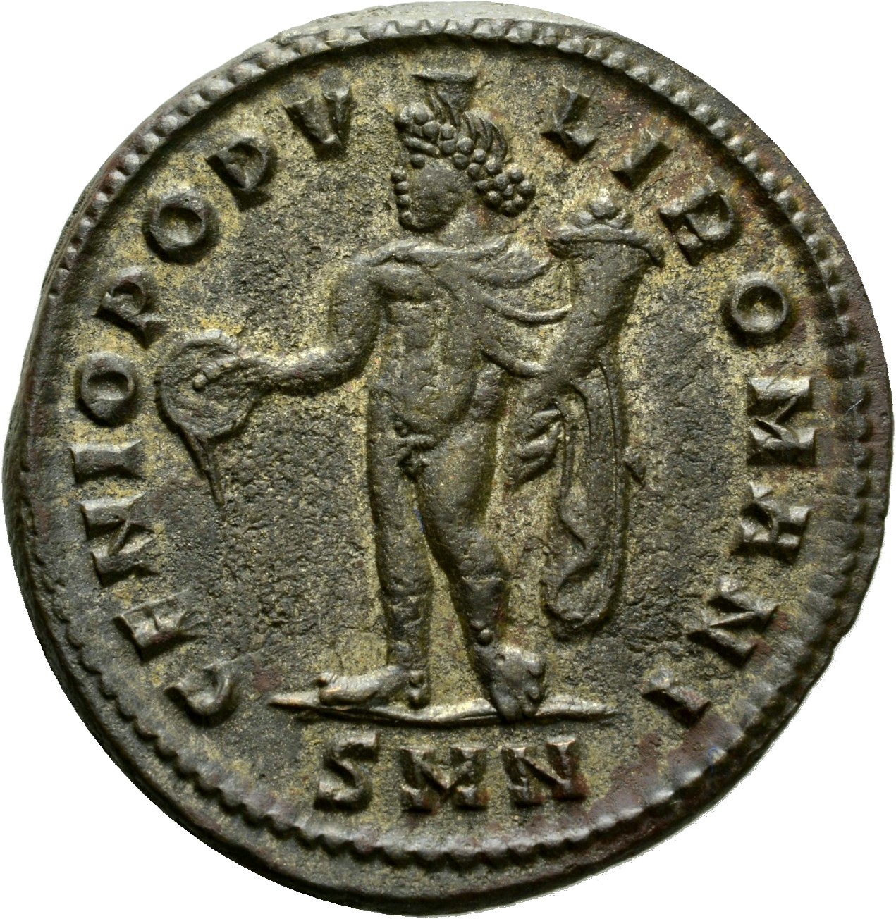 RIC VI Nicomedia 27b Diocletian reverse, Genius, wearing modius, nude, chlamys draped over left shoulder, standing left, p...