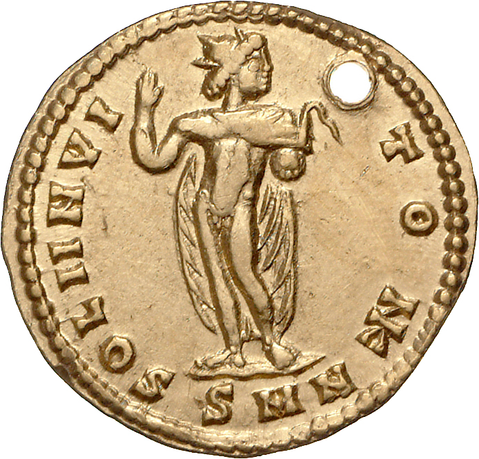 RIC VI Nicomedia 36 Galerius reverse, Sol, chlamys hanging behind, standing front, head right, raising right hand and hold...