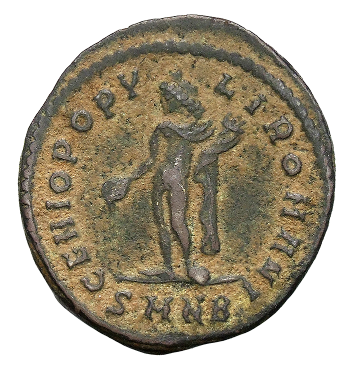 RIC VI Nicomedia 39a Galerius reverse, Genius, wearing modius, nude, chlamys draped over left shoulder, standing left, pou...
