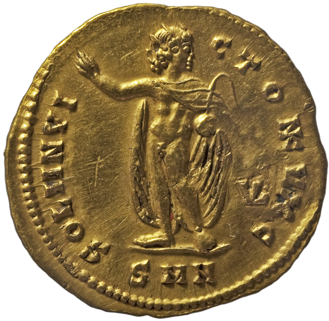 RIC VI Nicomedia 46 Galerius reverse, Sol, chlamys hanging behind, standing front, head right, raising right hand and hold...