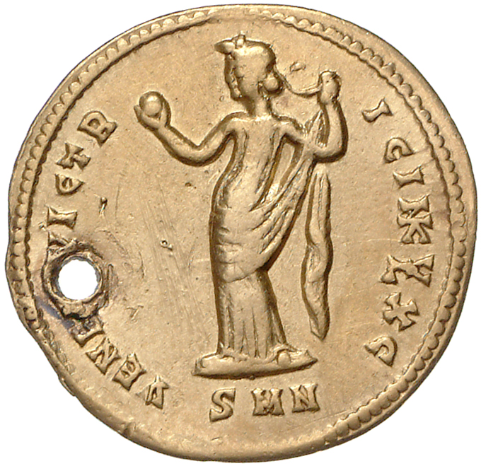 RIC VI Nicomedia 47 Galerius reverse, Venus, draped, standing front, head left, holding up apple with right hand, raising ...